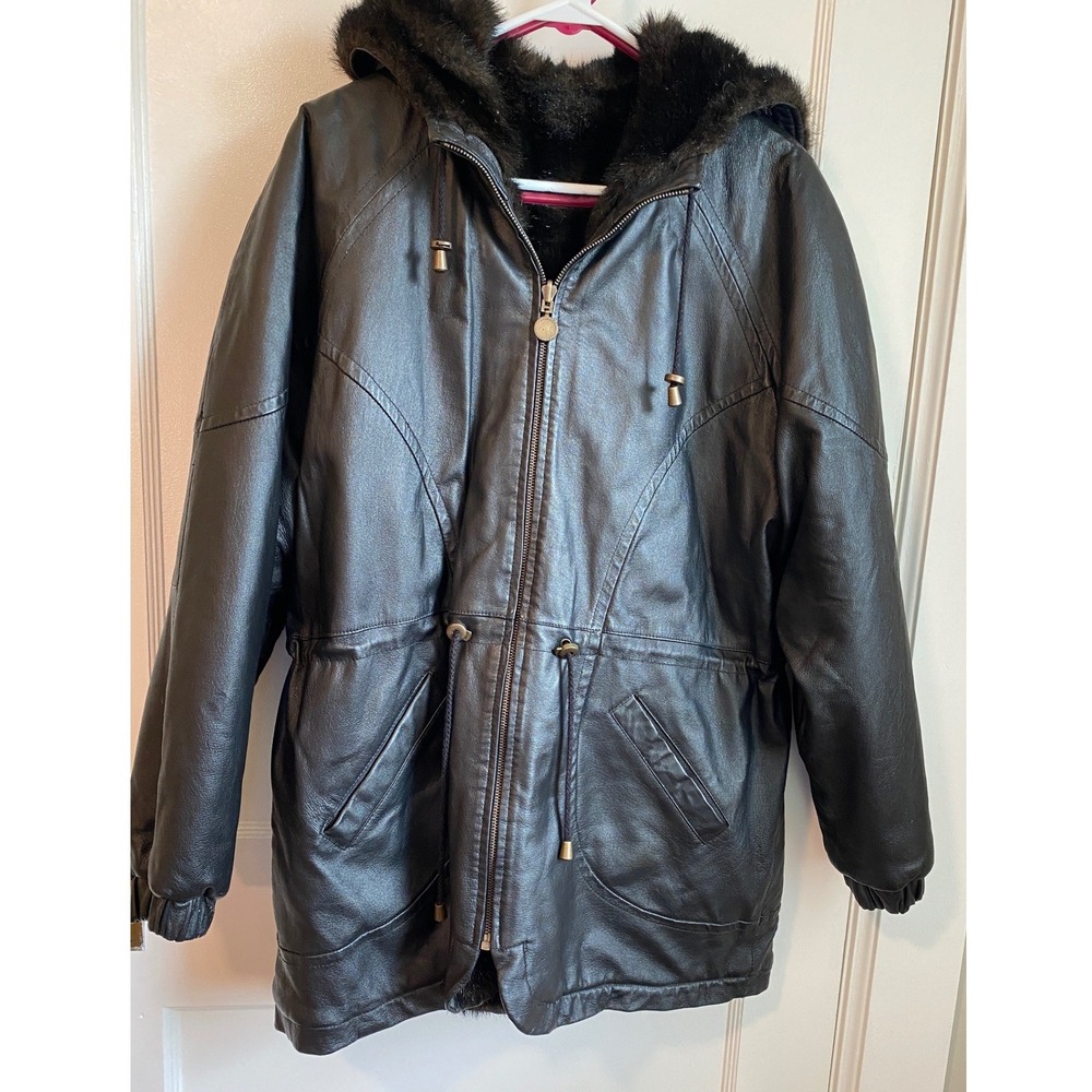 Charles Klein Reversible Leather / Faux Fur Hooded Parka Coat Black Medium